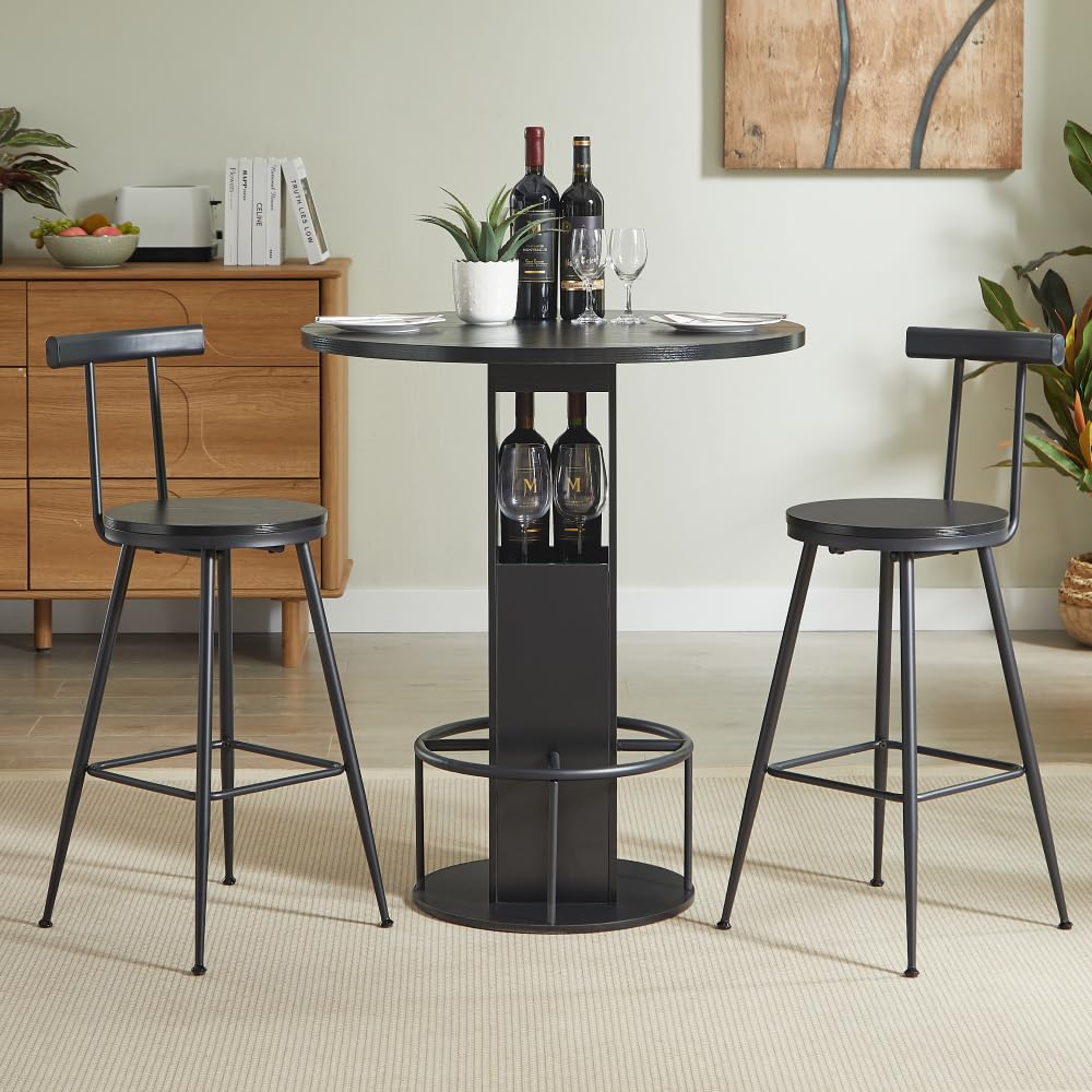 Juego de mesa de bar de 3 piezas con mesa redonda y 2 taburetes de madera robusta con reposapiés de metal, perfecto para comedores, cafeterías, bares, salones, estables y versátiles, 193