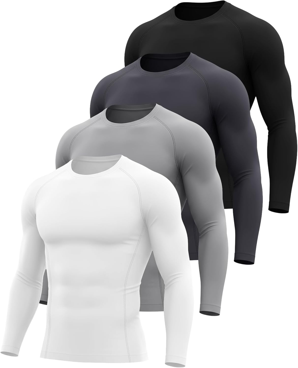 Neer 4 Pcs Mens Compression Shirts Raglan Long Sleeve Slim Fit Crew Neck Tops Workout Athletic Cool Dry Base Layer Gym Tees - Image 3