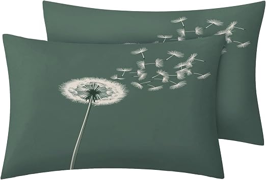 Dandelion Pillowcase for Room Decor & Gift, Sage Green Pillow Cases Standard Size Set of 2, Floral Flower Printed Bed Pillow Covers with Zipper, Cozy Microfiber