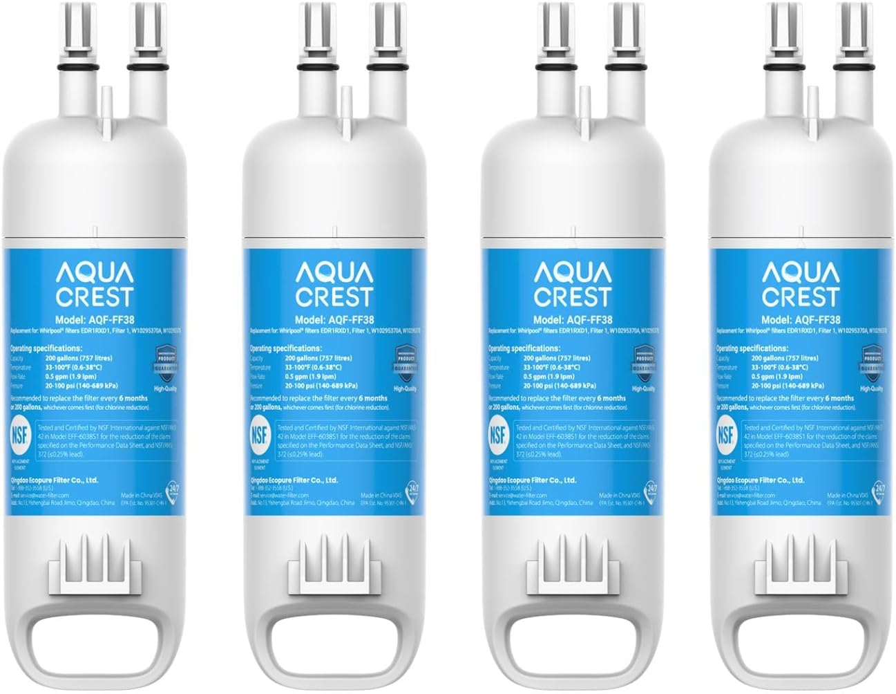 AQUA CREST AQF-FF38 Replacement for W10295370A, Everydrop® Filter 1, EDR1RXD1, EDR1RXD1B, P8RFWB2L, P4RFWB, Kenmore® 46-9081, 46-9930, Refrigerator Water Filter, 4 Filters