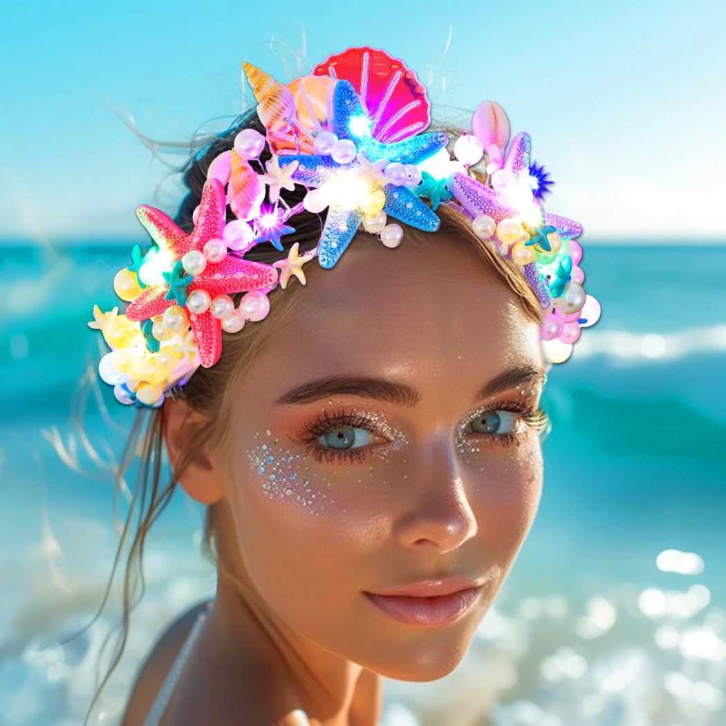 Light Up Mermaid Crown LED Seashell Headband Starfish Hair Accessories for Women - Image 2
