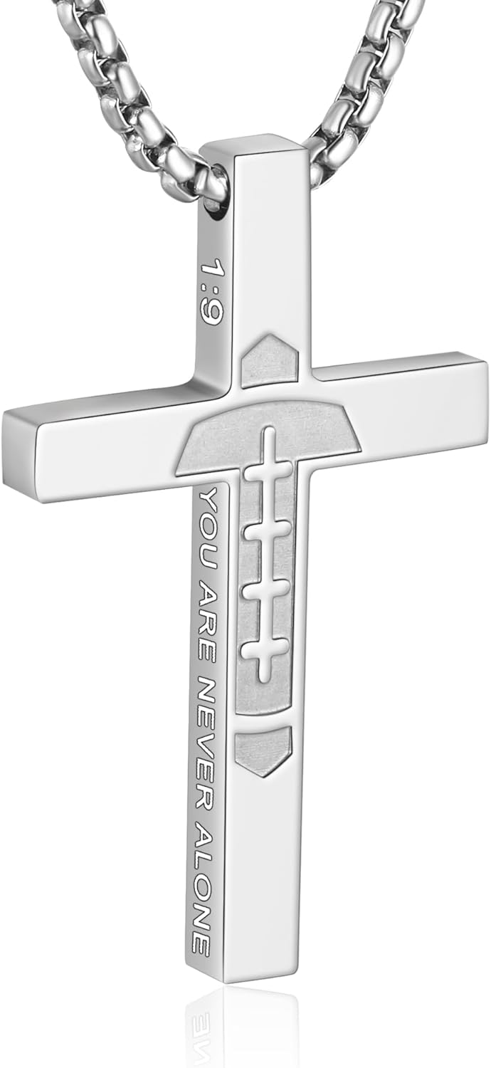 Football Cross Necklace for Boys Stainless Steel 20+2″ Chain Religious Bible Verse Pendant Football Gifts for Kids