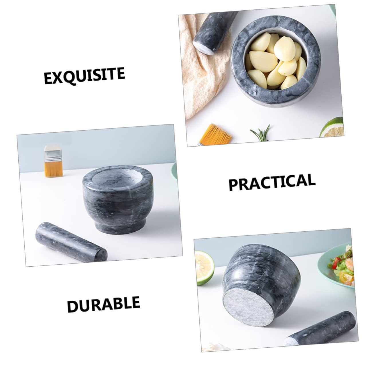 LABRIMP Set da Cucina Mortaio e Pestello in Marmo Nero, Design Ergonomico per Pestare, per Uso Domestico e Professionale, Accessori Piccoli e Funzionali
