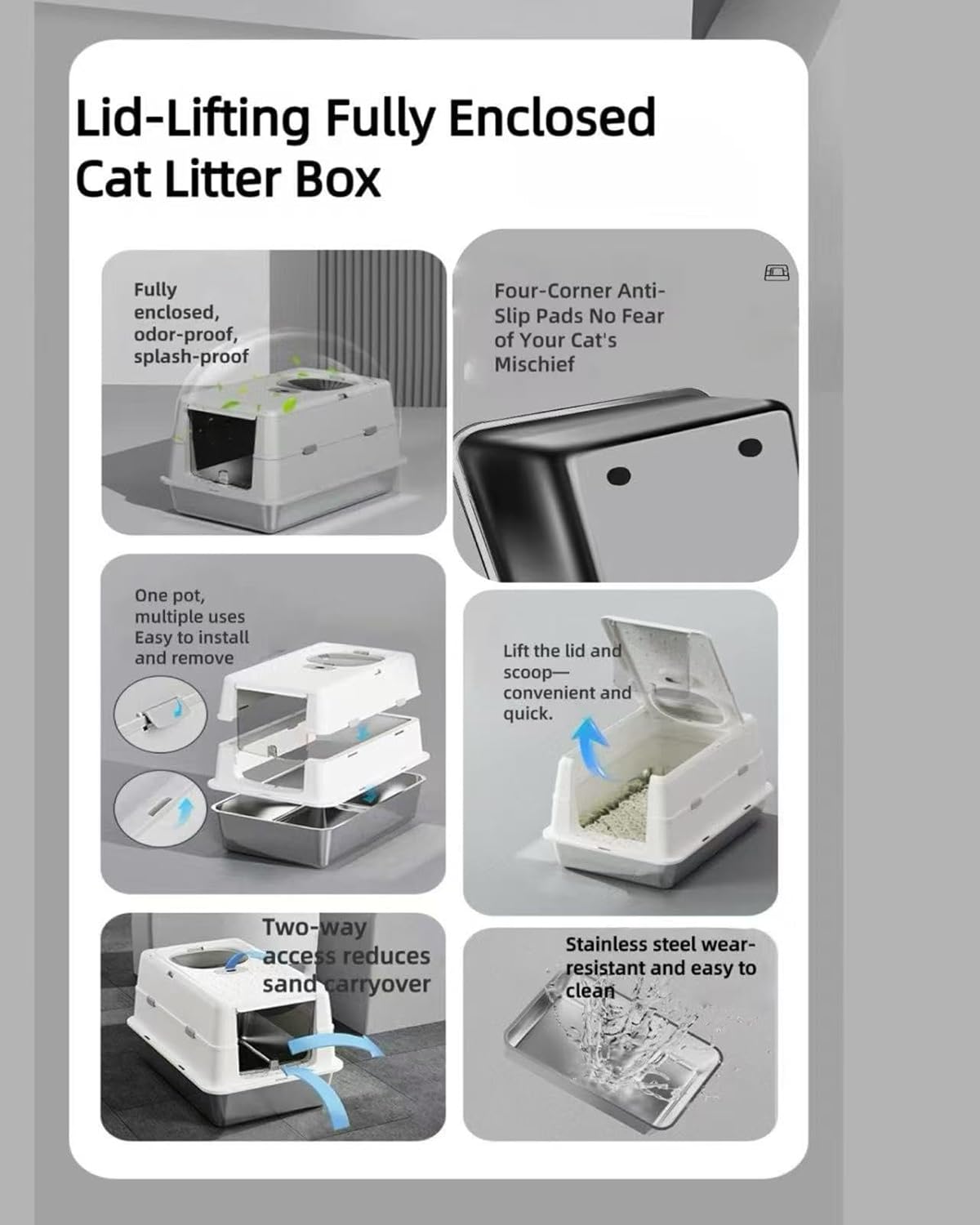 Extra-Large XXL Enclosed Cat Litter Box for Cats, Stainless Steel, with Lid and Scoop, Non-Stick, Leak-Proof, Odorless, Easy to Clean