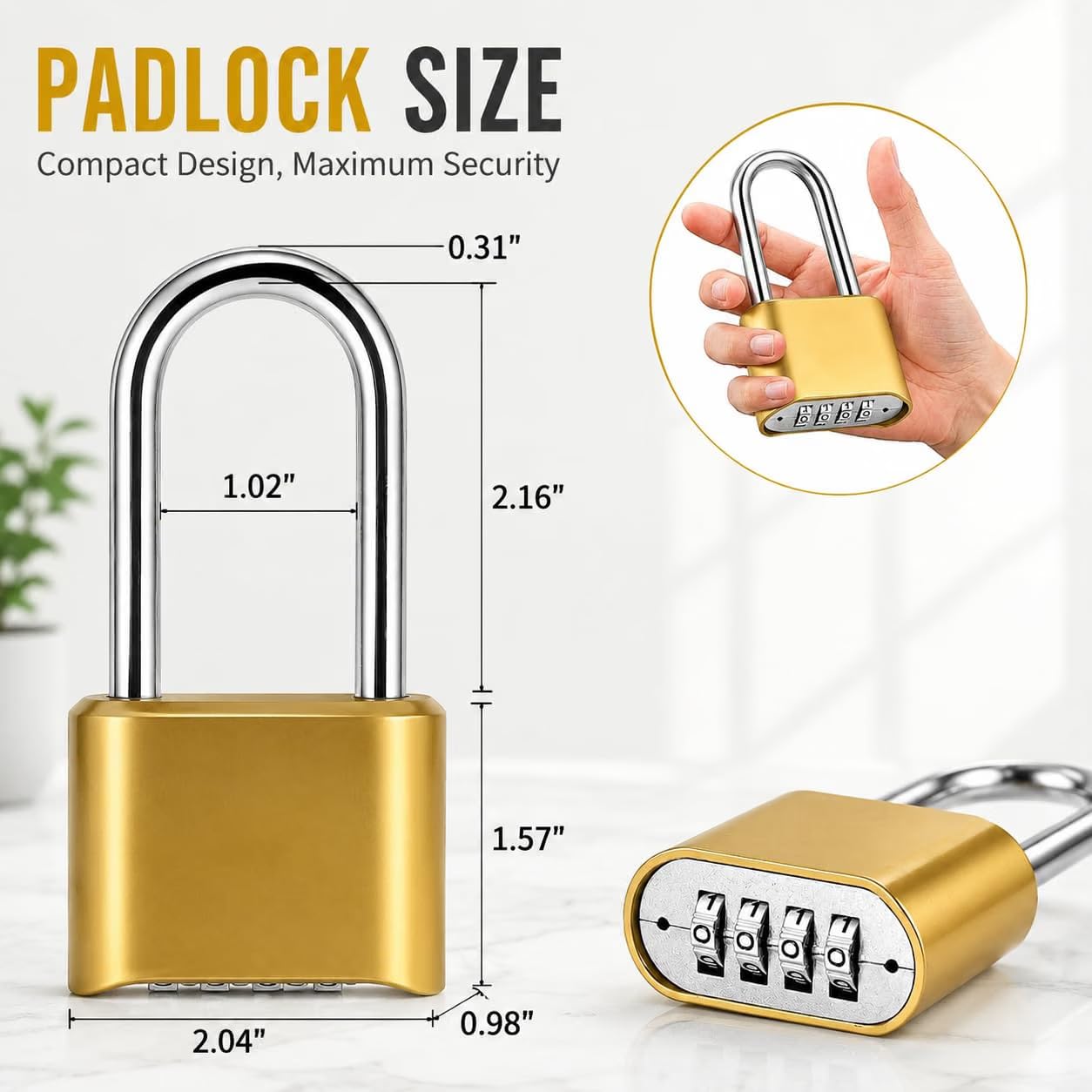 Heavy Duty 4-Digit Combination Padlock Brass | Resettable Code Lock with 10,000 Combinations & 8mm Alloy Steel Long Shackle | High Security Metal Padlock for Gym, Locker, Gate & Travel (Gold) — Amazon image 3