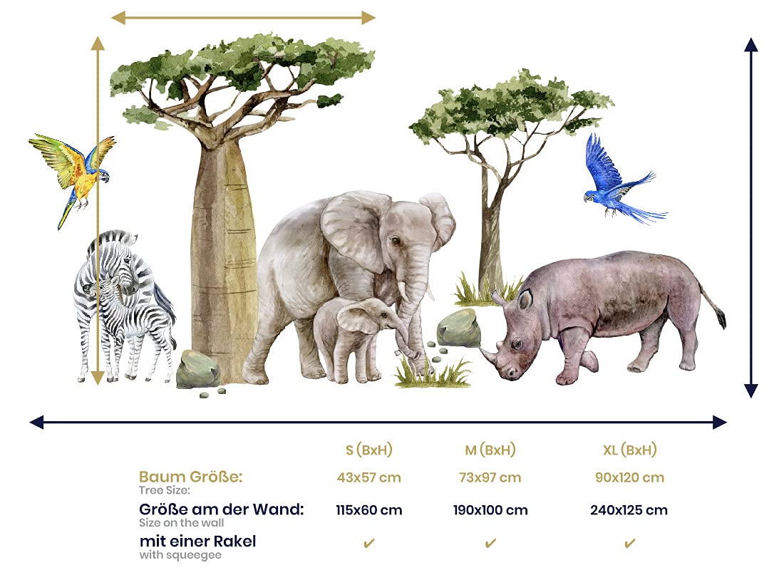 Wandtattoo Dschungeltiere Safari, Savanne, Zebra, Elefant, Nashorn, Tropische Bäume Kinderzimmer Junge Babyzimmer Wandsticker Wandaufkleber Bilder Osomhome (240x125cm)