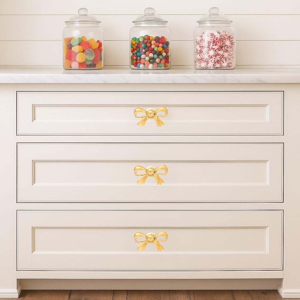Indian Shelf Solid Brass Gold Bow Drawer Knobs (6 Pack) - Premium Coquette Dresser Pulls for Nursery & Cabinets - Secure Anti-Spin Design