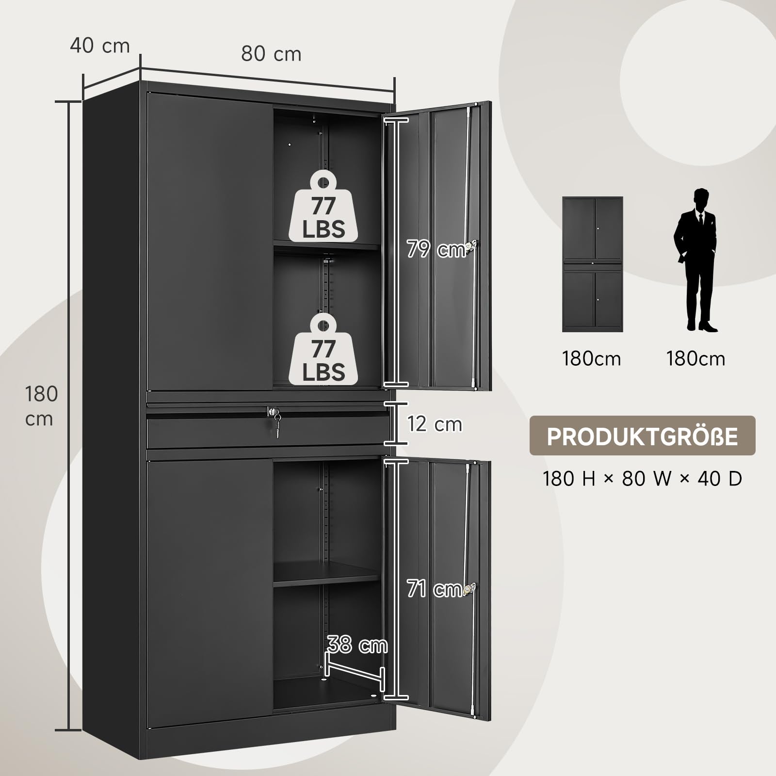 Sightlife Armario de Metal para Herramientas, 180 x 40 x 80 cm, Multifuncional, Armario de Taller con divisores Ajustables, con Cerradura, Revestimiento de Polvo (sin Ruedas)