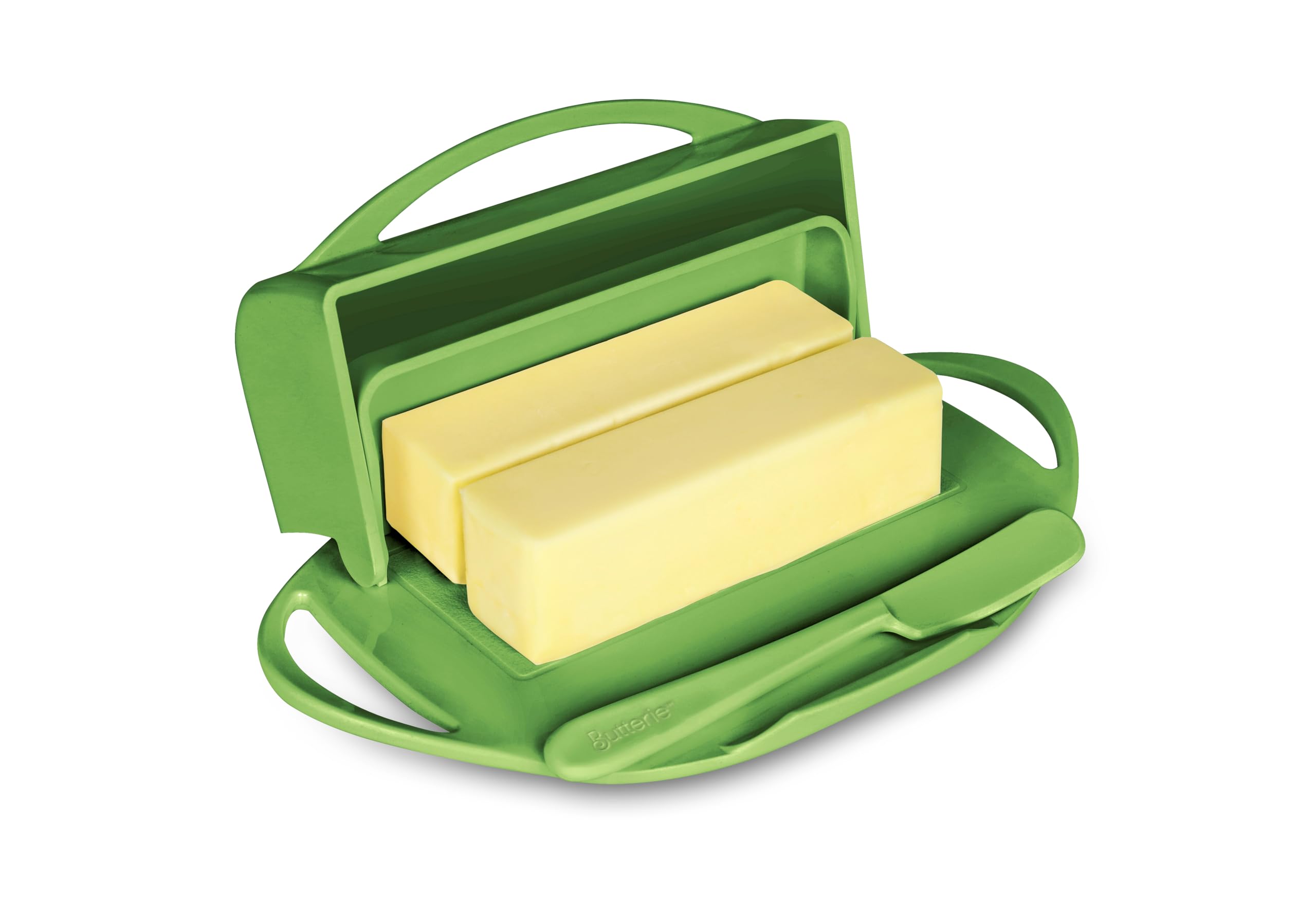 Butterie Flip-Top Butter Dish with Lid & Matching Knife, Holds 2 Sticks/European Butter, No-Mess Butter Holder, Shatterproof, Dishwasher Safe, Green