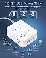 Vista 2 de Regleta de protección contra sobretensiones de 6 pies con USB C, cable de extensión HANYCONY con 8 enchufes (2.2 pulgadas), 4 puertos USB (2 USB C)