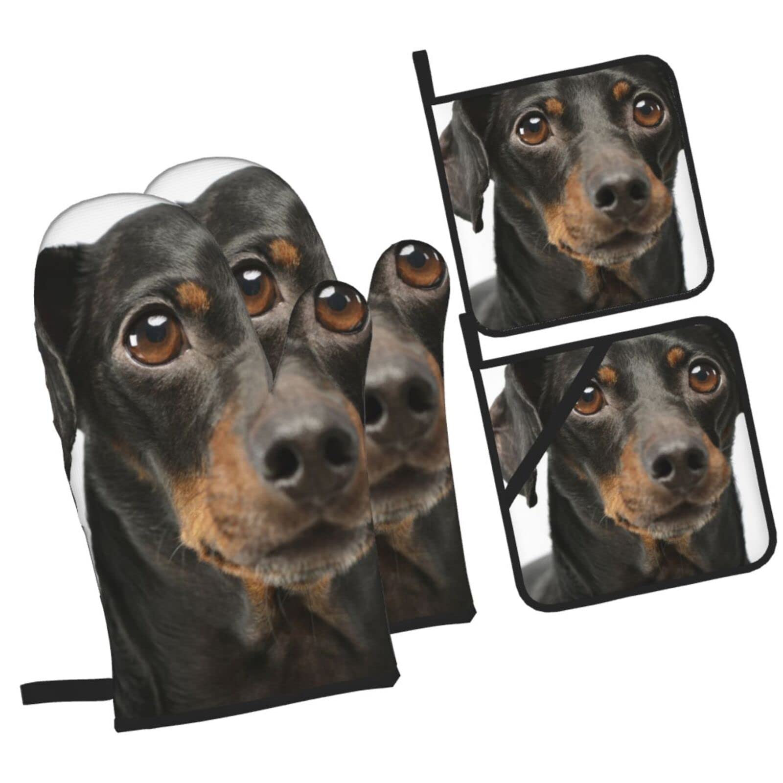 Portrait of A Dachshund Oven Mitts and Pot Holders Sets, Christmas Oven Mitt Kitchen Heat Resistant Non-Slip Pot Holders Set for Cooking Baking BBQ