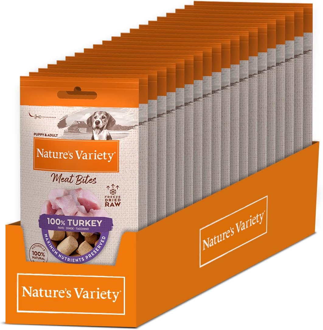 Nature's Variety Freezed Dried Meat Bites Bocados de Pavo Liofilizados para Perros, Caja de 20 x 20g - Total 400g