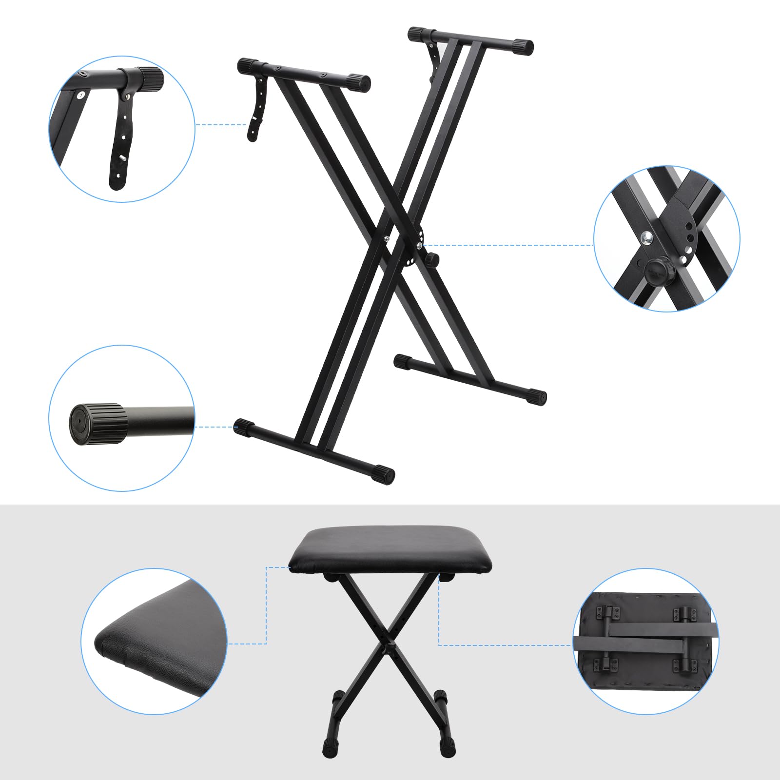 Doppelstrebig X-Keyboardständer,keyboard ständer mit 7-Fach höhenverstellbar - gepolsterte Keyboardbank 3-Fach höhenverstellbar – Stabiler, klappbarer Ständer und komfortabler Klavierhocker