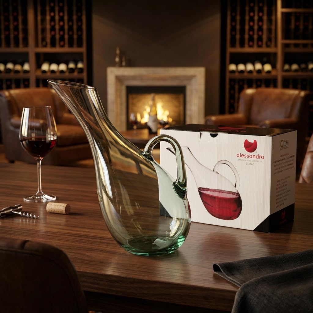 Decanter per Vino Rosso in Cristallo, Bicchiere per Laerazione del vino, Caraffa Vino in Vetro Trasparente, Decantatore Areatore per Rosso di Design Originale Capienza 1,5 Litri