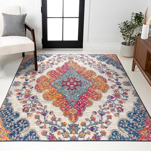 JONATHAN Y Boho Vintage Blue/Multi Indoor Area Rug, 8x10, Bohemian Flair Medallion, Floral Easy-Cleaning High Traffic for Living Room, Bedroom, Kitchen, Pet-Friendly, Non-Shedding (BMF106A-8)