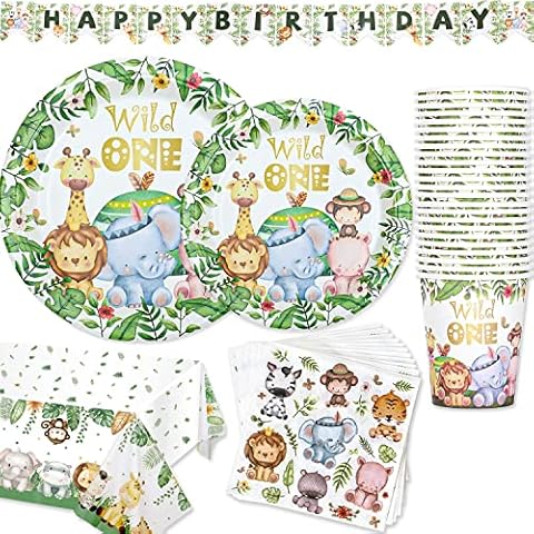 Wild One Birthday Party Supplies Decoration Tableware for 24 Guests, Jungle Safari Theme Paper Plates Cups Napkins Tablecloth and Banner for Kids Boy Girl 1st Animal Birthday Dinnerware Set Cover