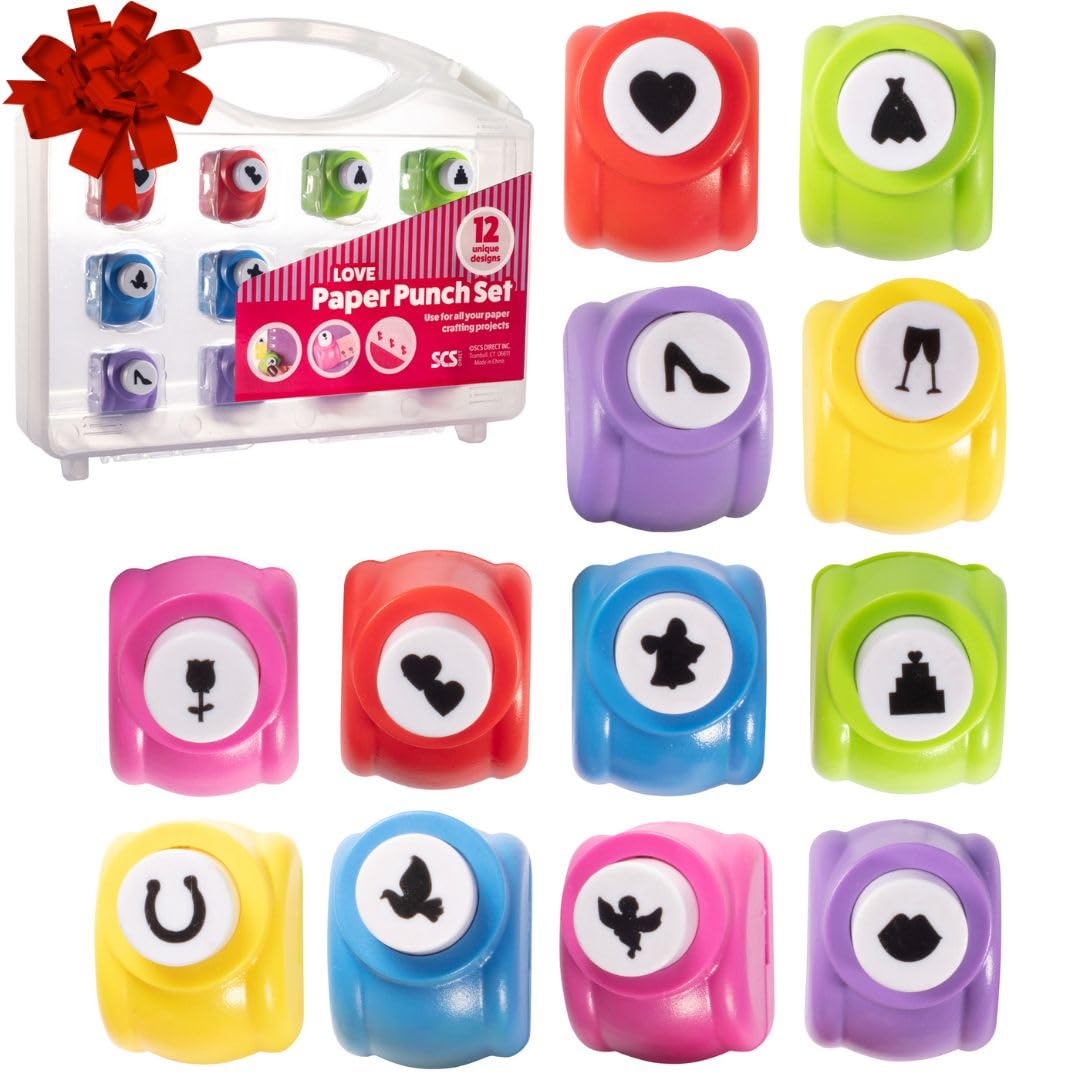 Love-Themed Scrapbook Paper Hole Punchers for Scrapbooking- 12 Different Designs w Carrying Case- DIY Your Love Notes, Cards, Confetti, Memory Books,