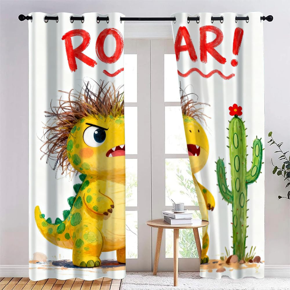 Dinosaure pour Enfants Salon Rideaux Occultants, Dinosaure de Dessin animé Enfants Panneaux de Rideaux intérieurs, Animaux Sauvages Mignons Draperies, Chambre Décoration Fenêtre L132 x H240cm x2