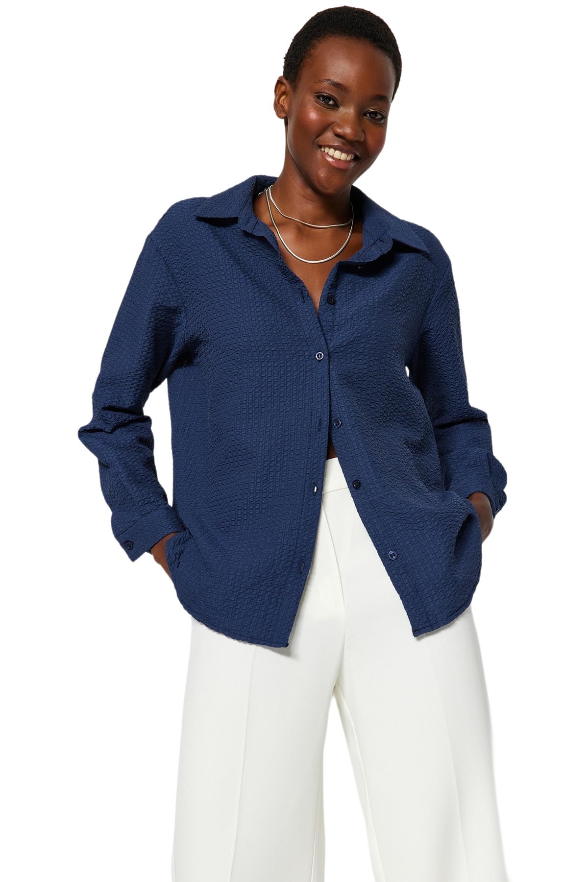 Trendyol Damen Navy Gerade Lange Ärmel Plus Size Hemd