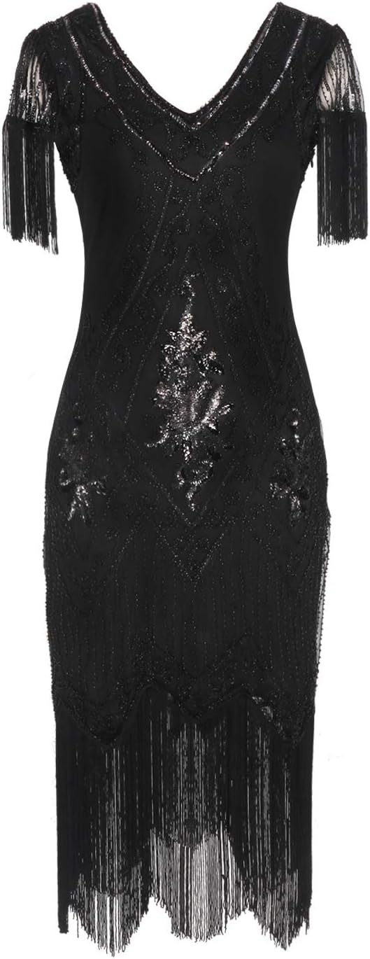 MISSCHEN Women's 1920s Art Deco Fringed Sequin Dress Gatsby Costume Dress with Sleeve YLS018