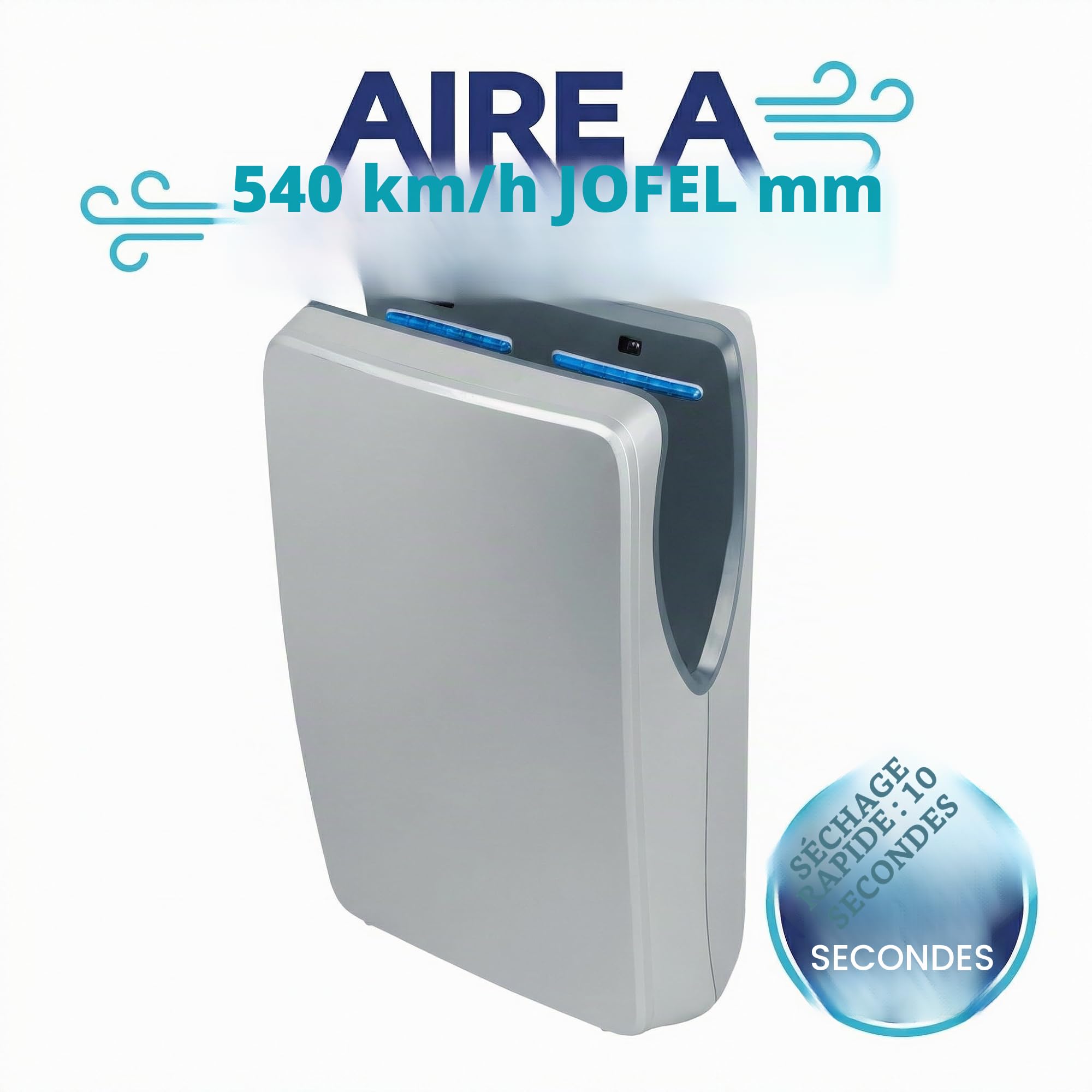 Jofel - Sèche-mains optique haute performance (540 Km/h) 1500 W, Sèche-mains automatique, rapide, type rideau, réservoir de collecte, modèle Jet Smart Boîtier ABS antibactérien, AA24550 Argent