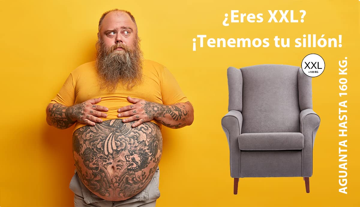 Sillón Orejero XXL, diseñado para Personas corpulentas, con sobrepeso. Estructura y Bastidor Reforzado.. Butaca Grande con Tela Antimanchas. Medidas: 90x84x118 cm. (Gris, Nogal)