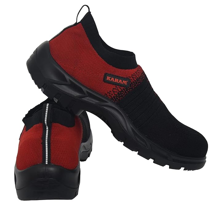 KARAM ISI Marked Flynit Safety Shoe for Men | Excellent Grip, Comfort & Slip Resistance | Sporty Design Safety Shoes with Fibre Toe | Single Density & Slip On | Red & Black | FS202FN(FWSAMN) at Rs. 1963