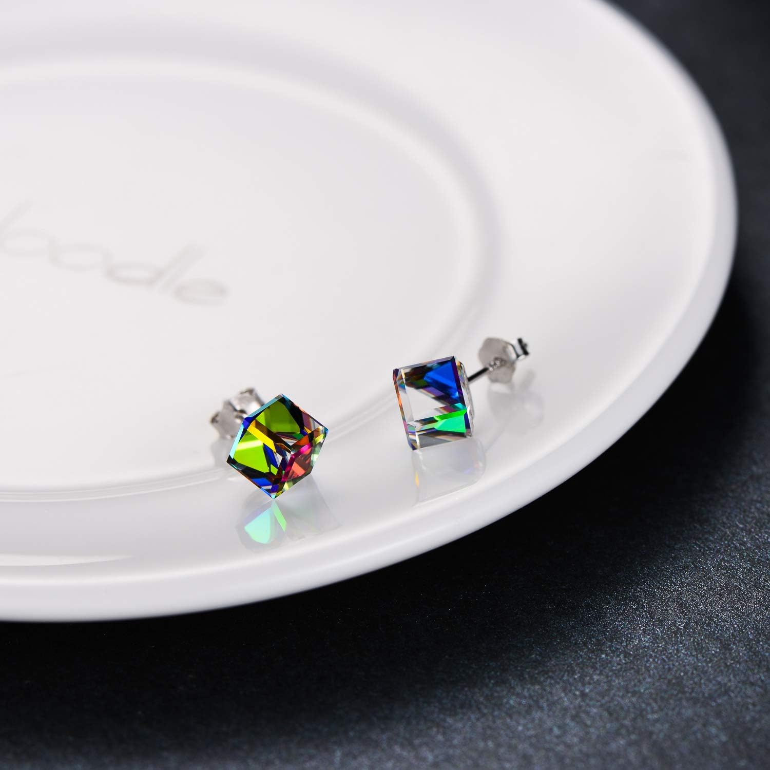 Hypoallergenic Sterling Silver Cube Stud Earrings with Blue Aurora Crystals from Austria Valentines Day Gifts for Her Fine Jewelry Gifts for Women Girls