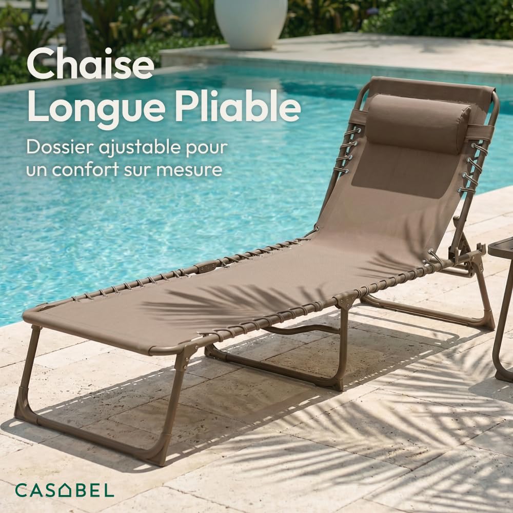 CASABEL Chaise Longue Pliante, Inclinable, Taupe | Coussin déperlant confortable, Dossier inclinable, Toile textilene respirante, Structure acier anti-rouille, Pliable, légère