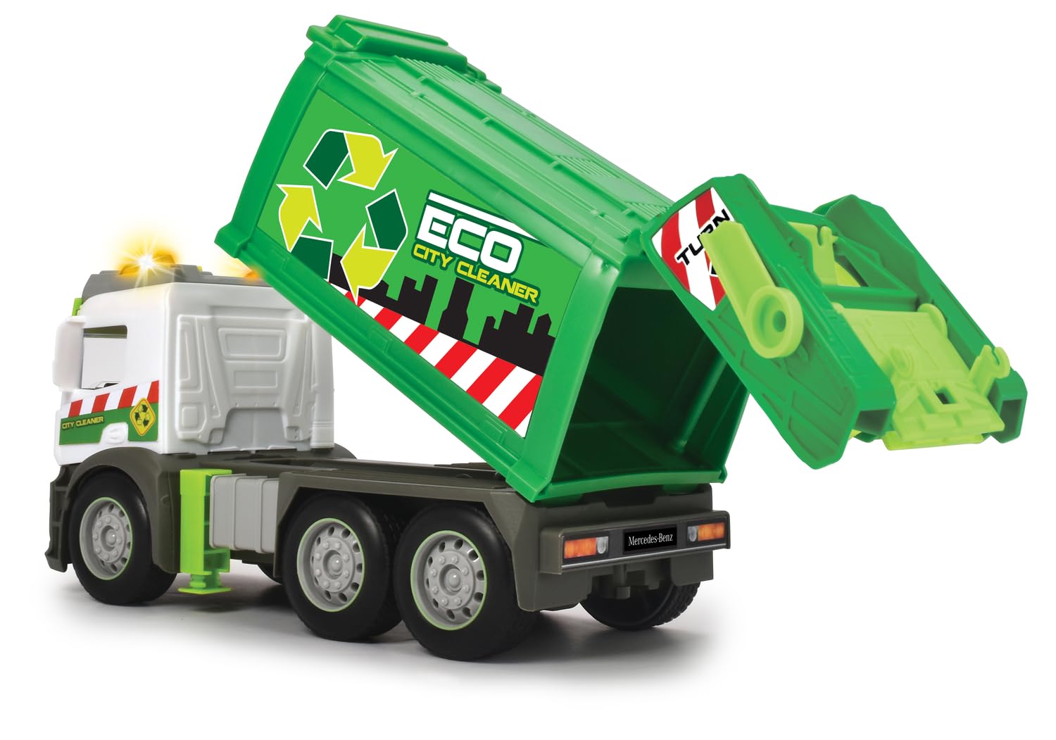Dickie Toys 203745014 CITY Śmieciarka Mercedes z ruchomym koszem z dźwiękiem i światłem ostrzegawczym, funkcja załadunku i rozładunku, auto zabawkowe dla dzieci od 3 lat, 26 cm