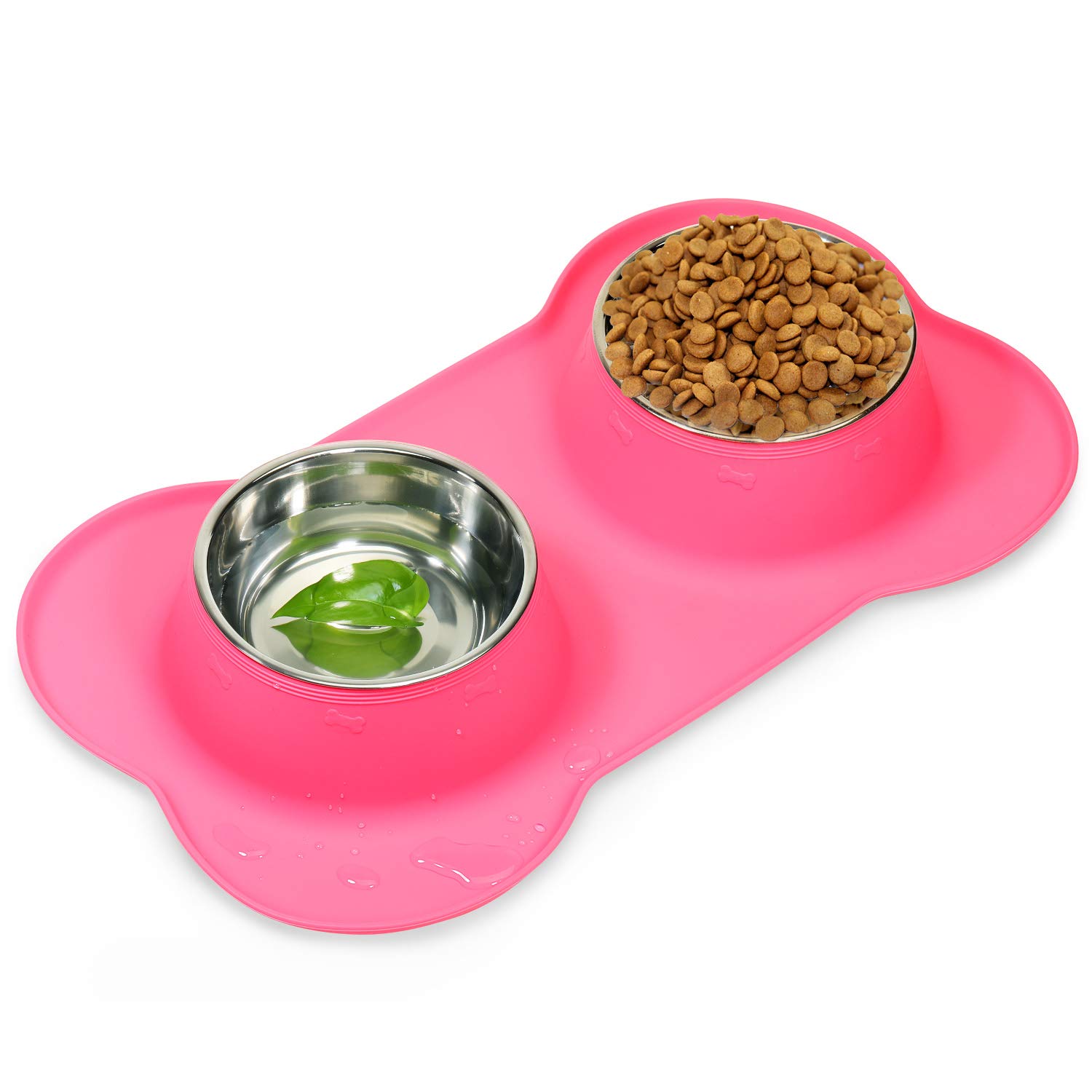 AsFrost Dog Food Bowls Stainless Steel Pet Food Bowls & Dog Water Bowls, Dog Bowls Silicone Mat No Spill Non-Skid Feeding Bowls for Small Size Dog Puppy Cat Food Dish, Pink, 3 Cup/24oz, Set of 2 Bowls