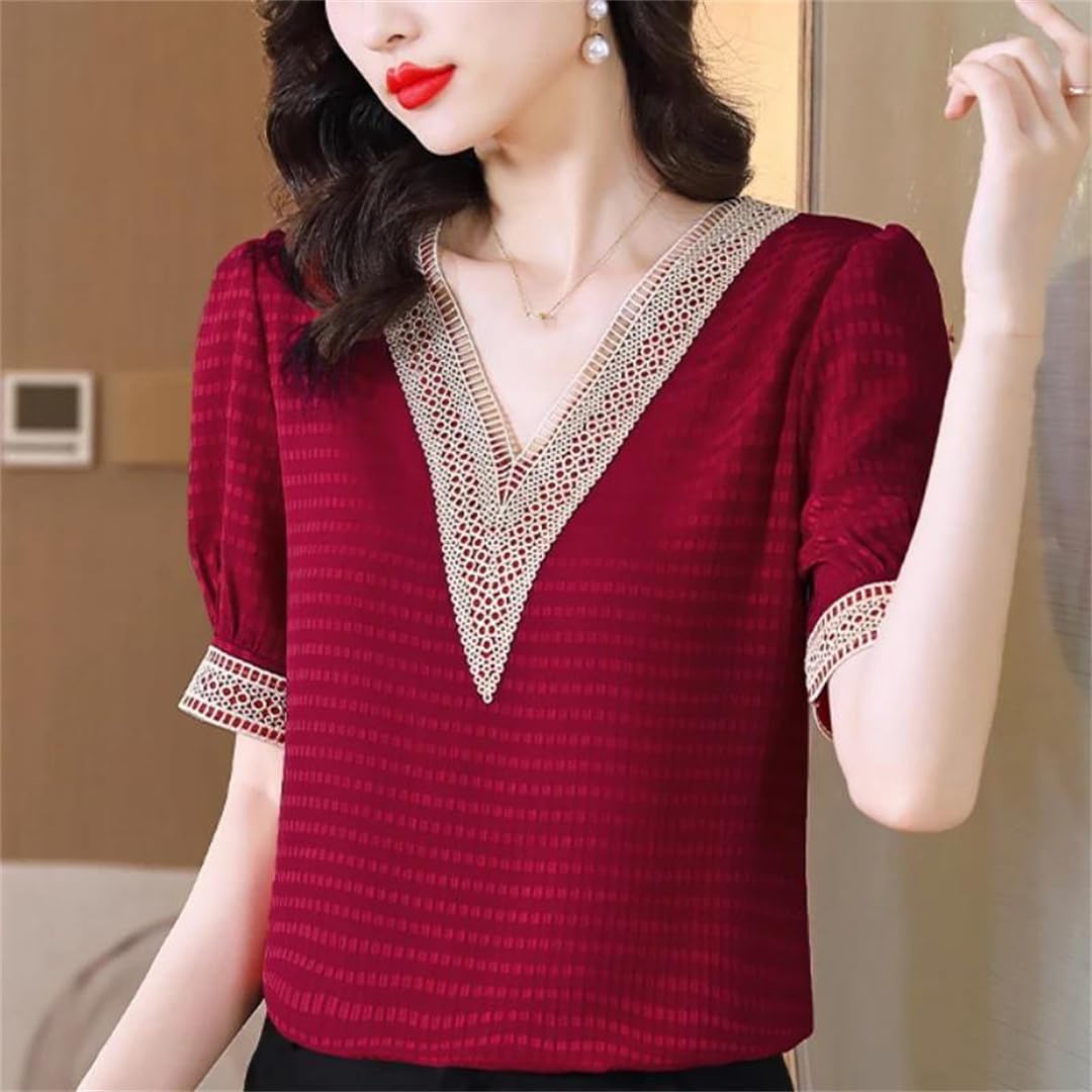 Camicetta da donna in raso a maniche corte con scollo a V in pizzo primaverile camicetta casual