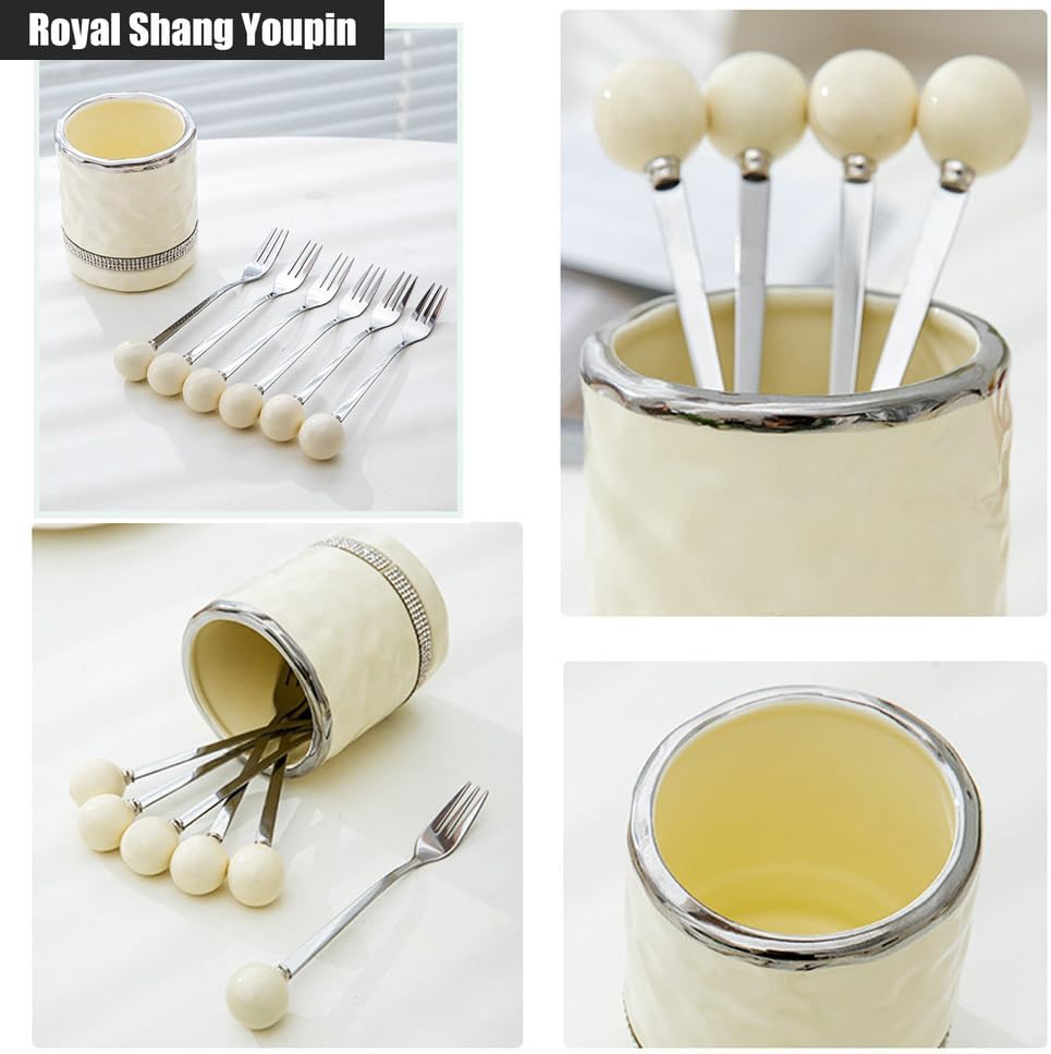 6 Piece Creative Ceramic Container Stainless Steel Fruit Coffee Spoon and Fork Set Light Luxury Dessert Cake Spoon and Fork Fruit Stick Set (White jar +6 spoons)