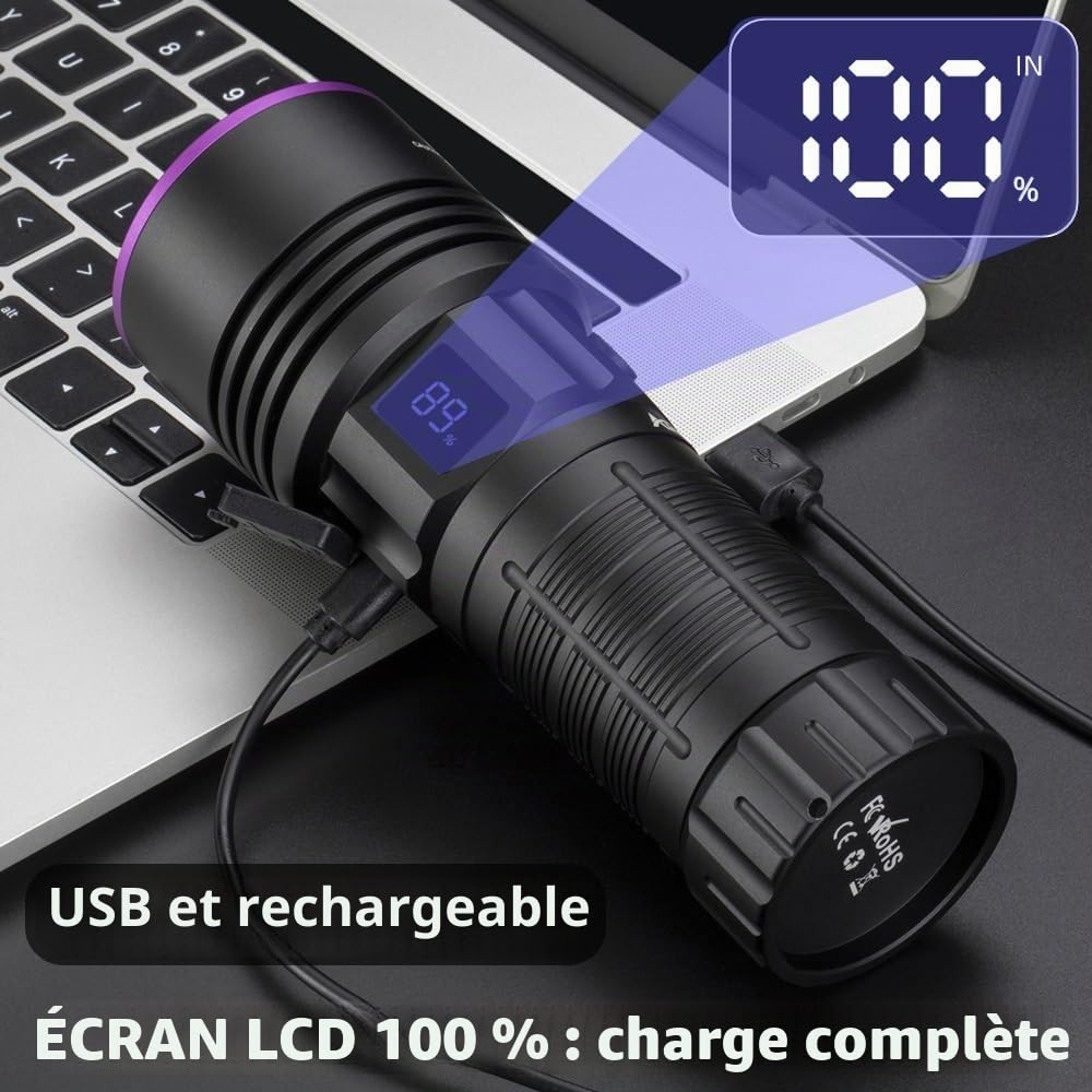 Alonefire SV117 70W Lampe Torche UV LED 365nm Puissante USB C Rechargeable Lumiere Noire Affichage Numérique pour Resine, Pêche, Scorpion, Minéraux, Ambre avec Lunettes de Protection UV, Batterie