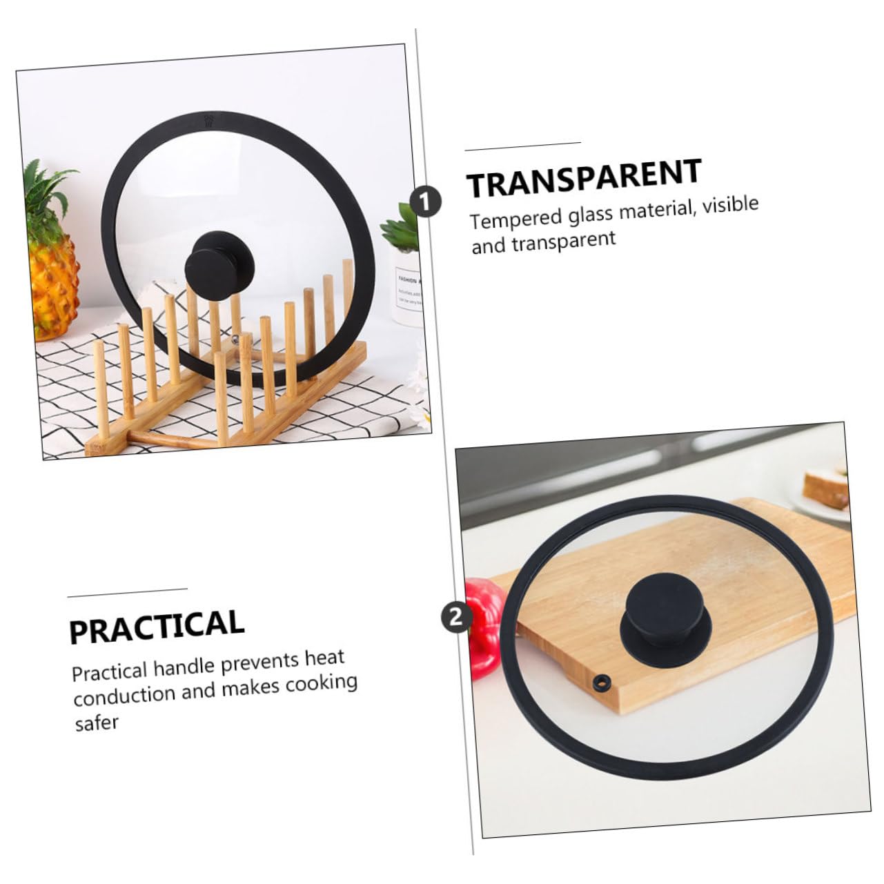 Couvercle de Pot Transparent Rond en Verre Trempé Noir Bord Silicone