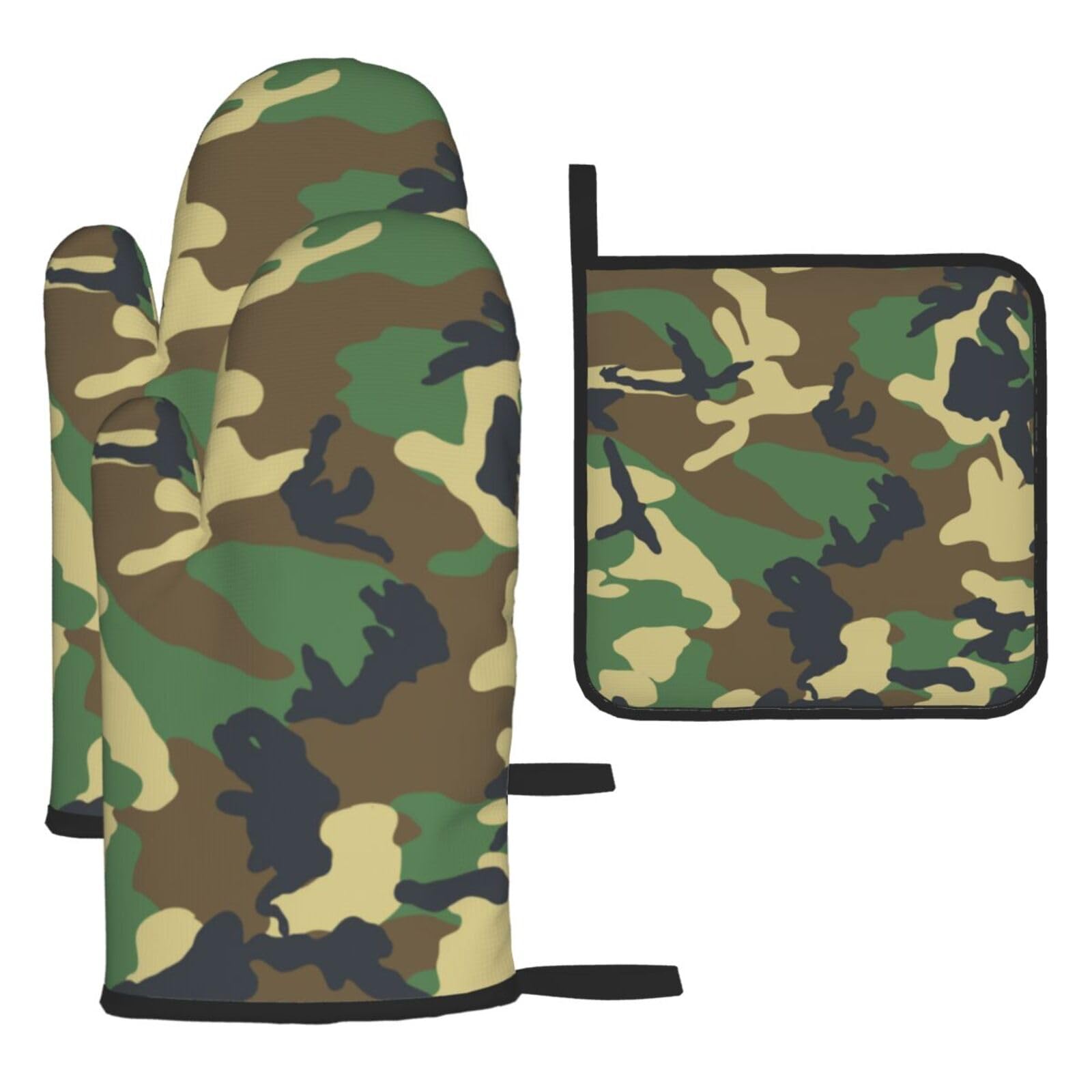 Green Military Camo Print Oven Set Kitchen Gloves Baking Grilling Microwaving Cooking Gift Everyday Holiday