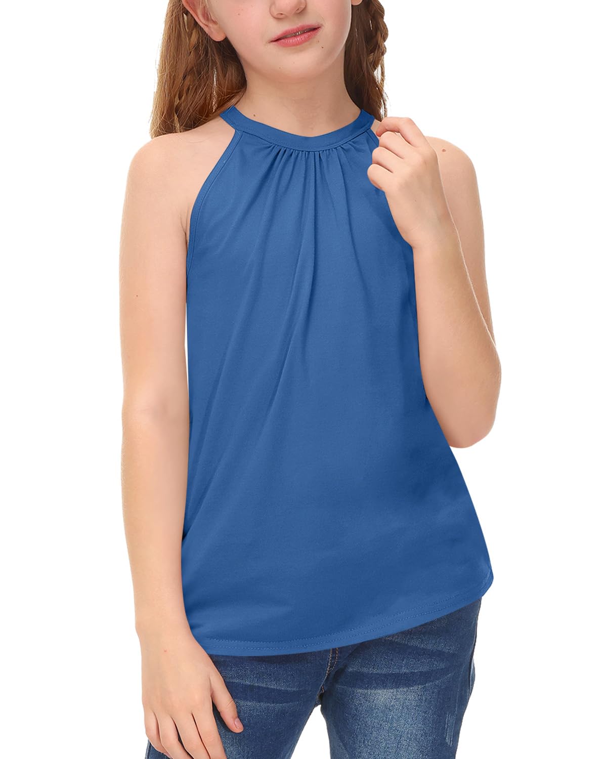 BesserBay Girls Summer Back Button Halter Neck Tank Top Cold Shoulder Casual Blouse Pleated Sleeveless Shirts 5-14 Years