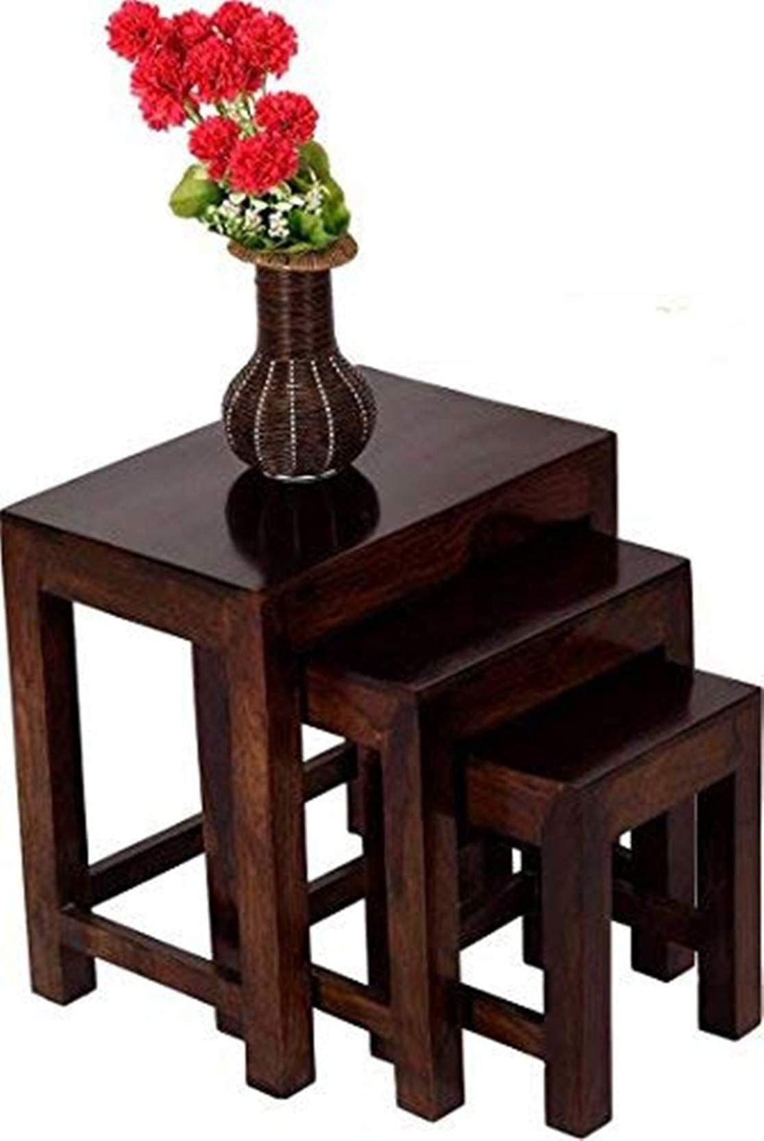 Umark sheesham Wood Nesting Table Set of 3 Stools for Home Decor & Living Room Walnut Finish