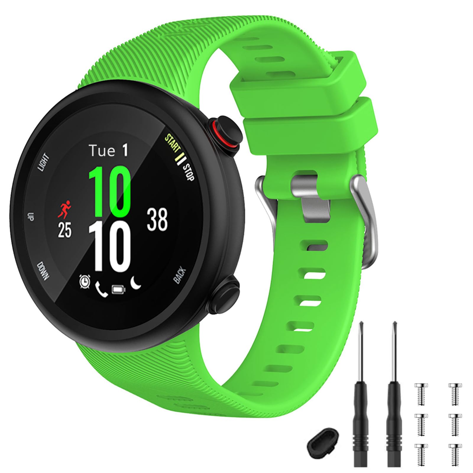 TopPerfekt Strap Compatible with Garmin Forerunner 45s, Sport Silicone Wristband Arm Band Replacement Bracelet for Forerunner 45s (Green Silver Buckle) — image 1