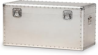 HomeStock Renaissance Refinement Silver Metal Storage Trunk - Vintage Industrial Style, 30" L x 16" W x 14" H, Perfect for Stylish Storage Solutions