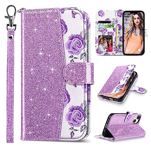 ULAK Compatible with iPhone 13 Wallet Case for Women, Premium PU Leather Flip Cover with Card Holder, Kickstand Feature Protective Purse Case for iPhone 13 6.1 Inch, Purple Glitter