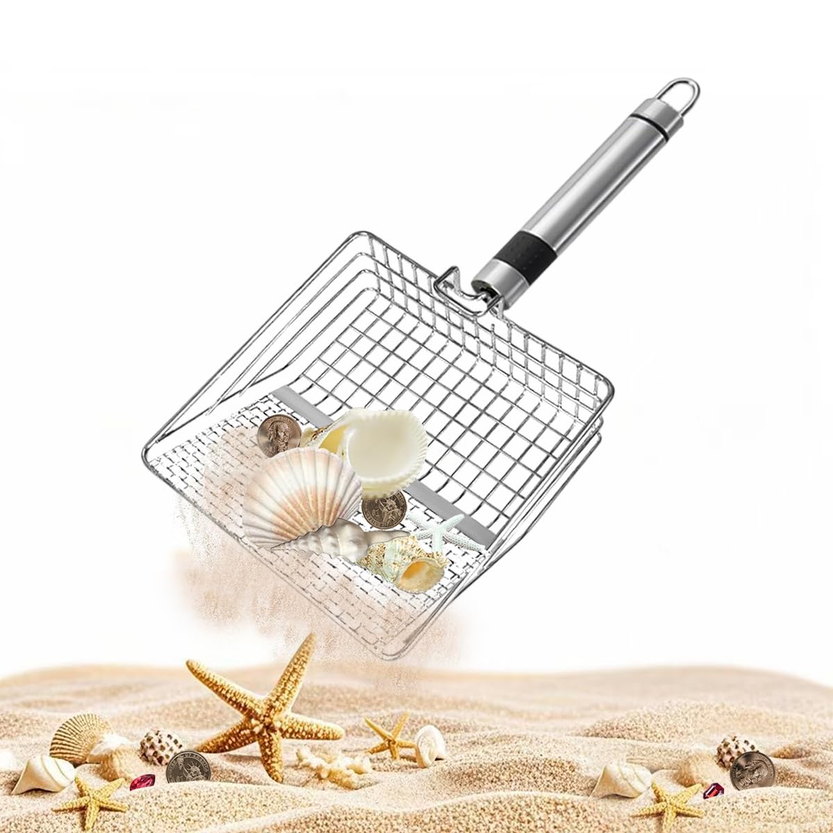 Stainless Steel Mesh Sand Filter Shovel - Beach Shell Collection Tool Metal Sand Sifter for Cleaning, Durable Sand Scoop with Comfort Grip Handle for Beach, Camping, Gardening