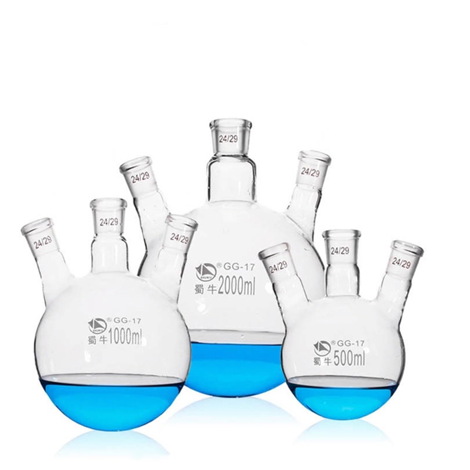 matraz de fondo redondo， Matraz de destilación de tres plazas de 50 ml a 2000 ml, boca biselada y recta, cristalería de laboratorio(1000ml 29x24x2)