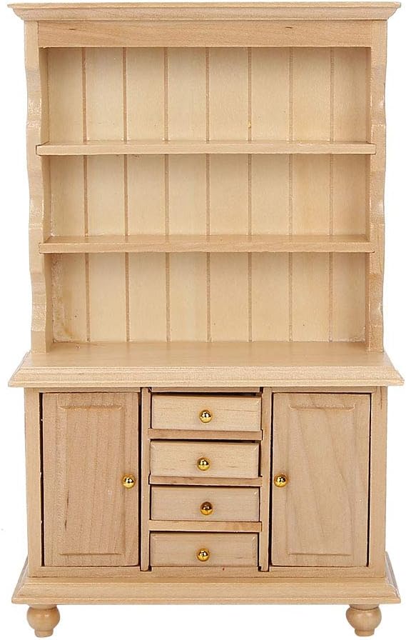 Zerodis Dollhouse Bookcase,1:12 Simulation Miniature Furniture Wooden Three Layers Bookshelf Cabinet Model Toy for Fairy Gardens Dollhouse Kitchen Scene Decoration Accessories(Wood Color)