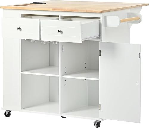 Miniatura 4 de Favfurish Isla de cocina con toma de corriente, hojas caídas y madera de goma, almacenamiento abierto y estante para vino, carrito de almacenamiento