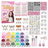 WECUTE Kit de Tatouage, Kit Tatouage Paillettes Enfant-24 Couleurs, 141 Pochoir, 5 Pinceaux, Non-toxique Kit Maquillage de Tatouage Paillette, Pour Carnaval,Cadeau Fille