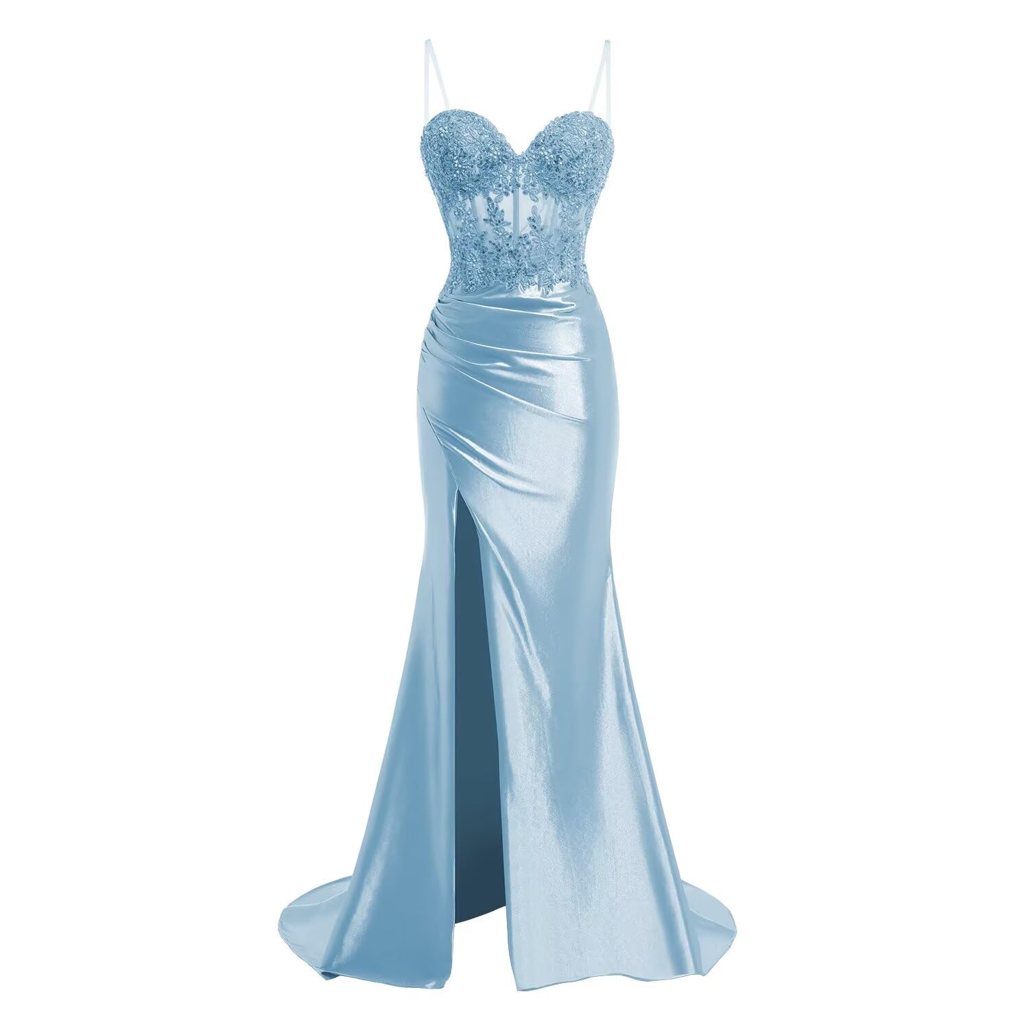 Spaghetti Strap Satin Prom Dresses with Slit Lace Appliques Pleated Mermaid Long Evening Gown OL006