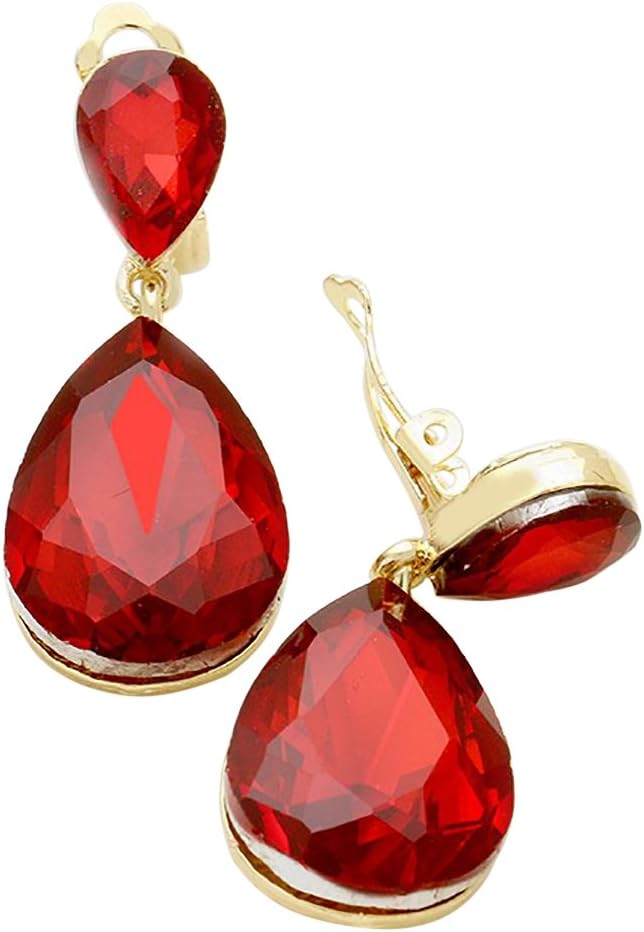 Rosemarie Collections Women's Stunning Double Teardrop Crystal Statement Clip On Earrings, 1.75"