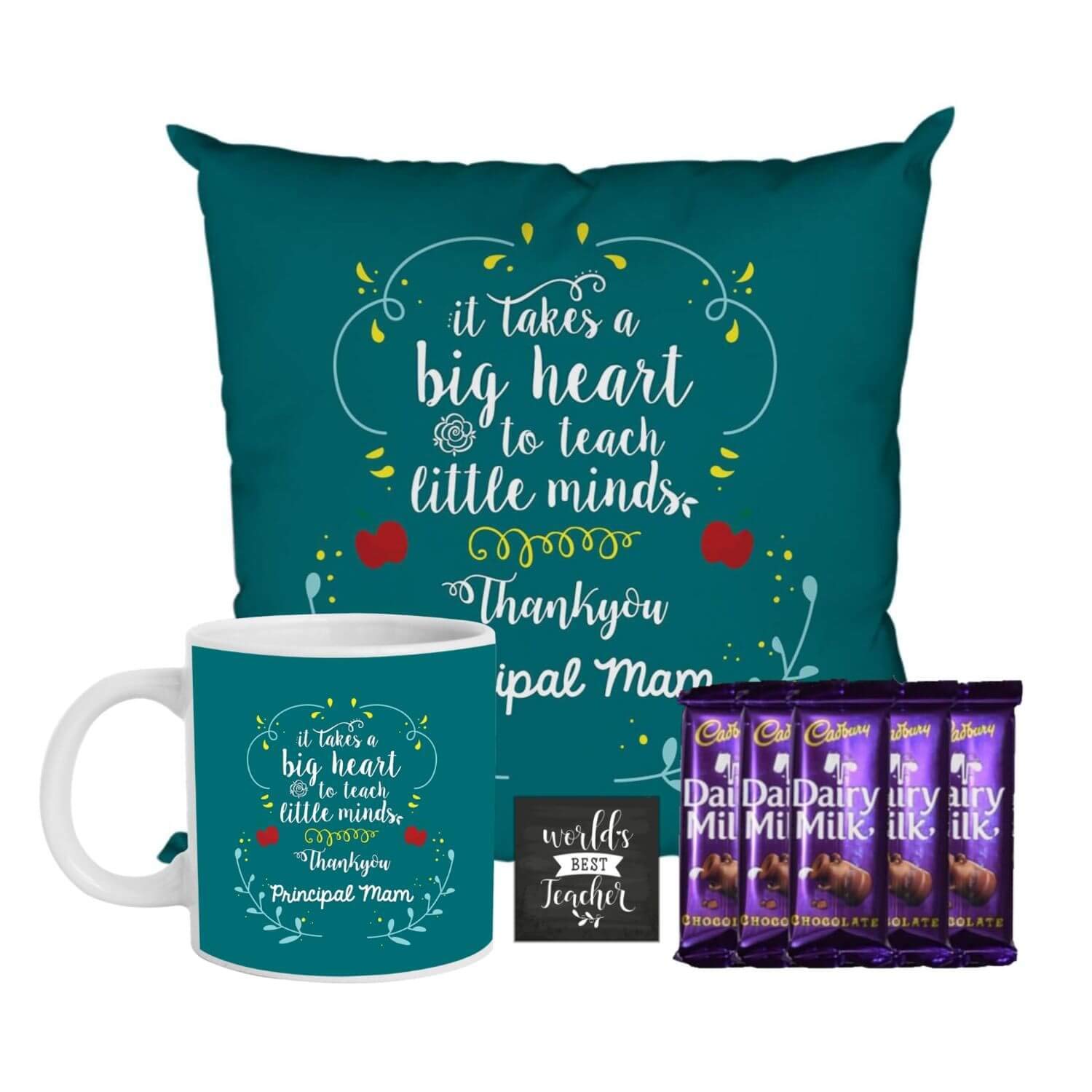 YaYa cafe™ Teachers Day Gift Combo, Thank You Principal Mam Mug, Cushion Cover, 5 Dairy Milk Chocolates, with Coaster