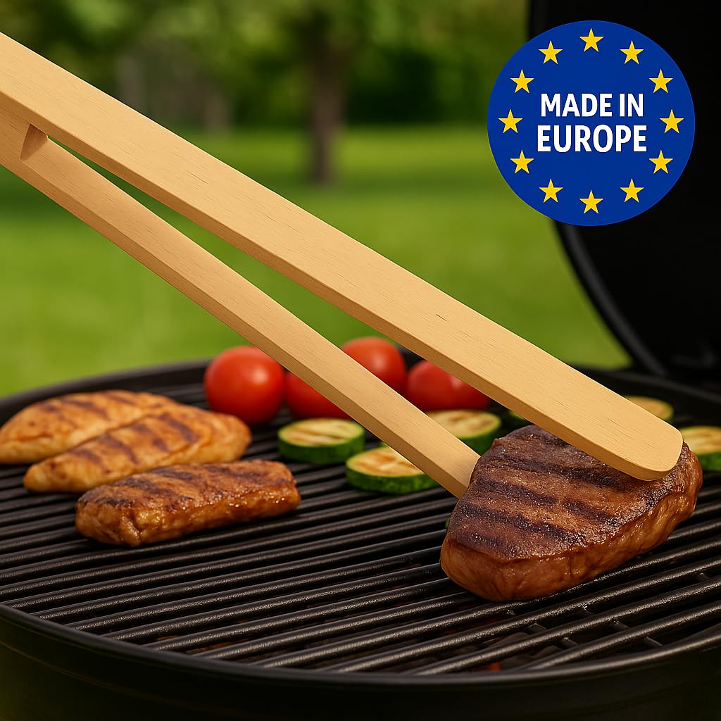 MC-Trend Lot de 3 pinces à barbecue de 30 cm en bois de cerisier noble – Pince de cuisine en bois de qualité supérieure avec rainures de 2 cm pour un maintien sûr – Accessoires de barbecue et pince à